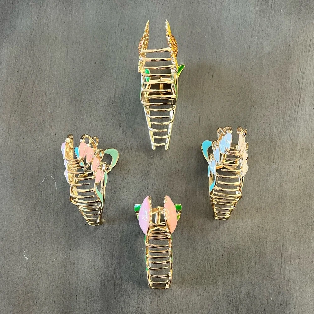 Yellow Sunflower Brown Rhinestone Enamel & Gold Metal 4“ Lobster Claw Hair Clip - Picture 3 of 4